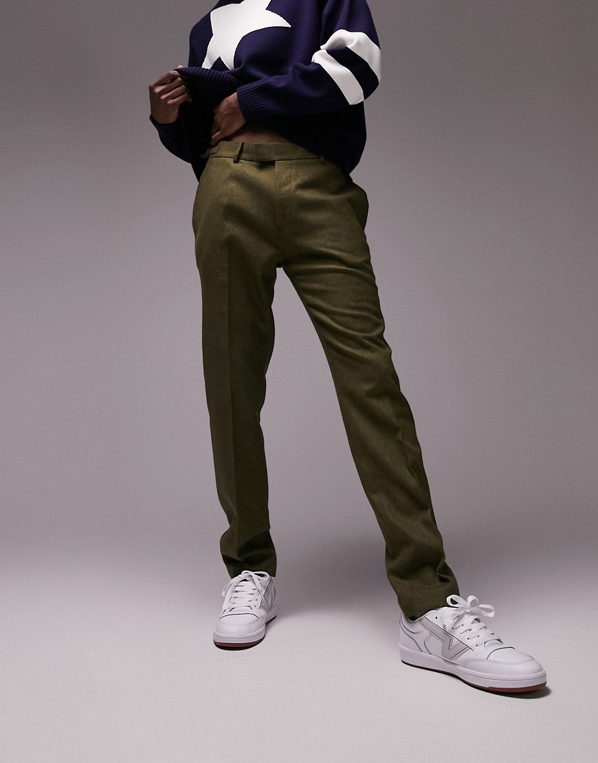 Topman skinny wool mix trousers in khaki-Green