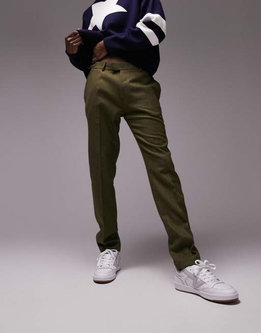 Topman Premium tapered wool mix elasticized waist pants in khaki