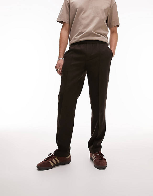 Topman - skinny wool mix trousers with elasticated waist in brown