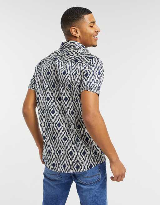 Topman - Skjorte med korte ærmer og geometrisk print i marineblå, 2 af 4