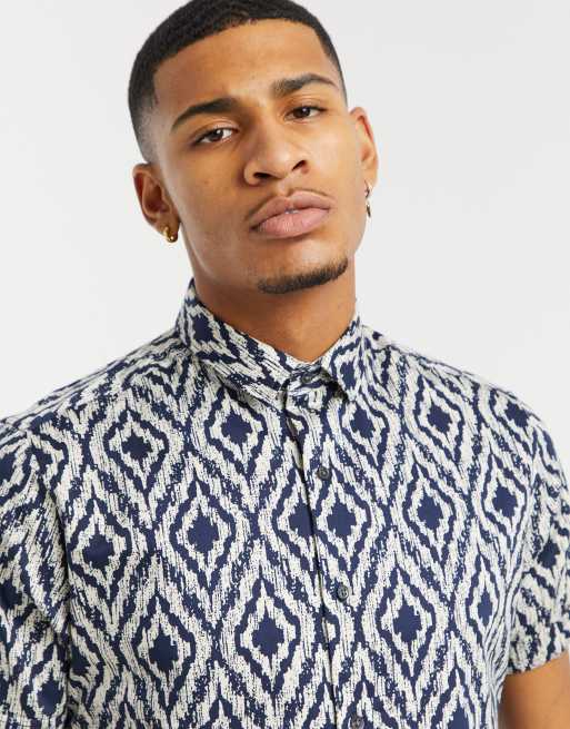 Topman - Skjorte med korte ærmer og geometrisk print i marineblå, 3 af 4