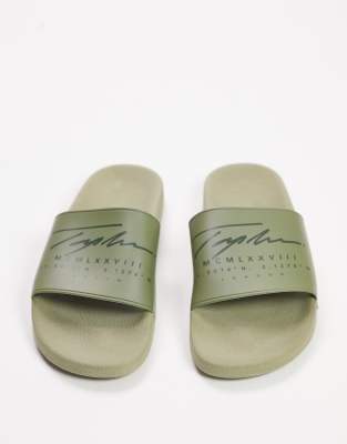 Topman skyler signature khaki rubber sliders-Green