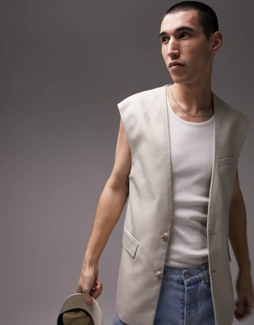 Topman sleeveless varsity jacket with patches in stone