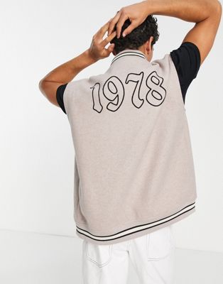 Topman sleeveless varsity jacket with patches in stone-Neutral
