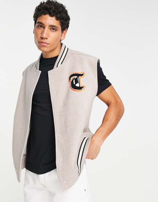 Topman sleeveless varsity jacket with patches in stone