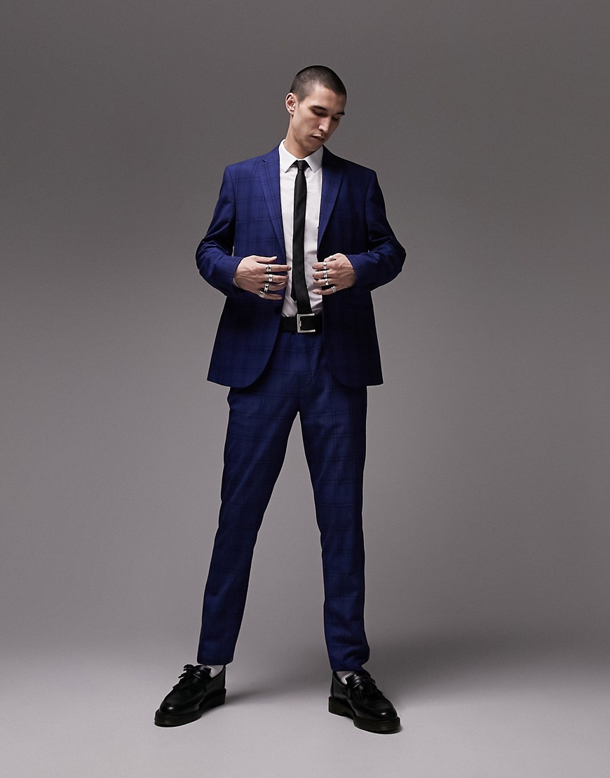slim checked suit pants in blue