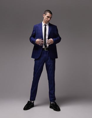 Topman slim checked suit pants in blue