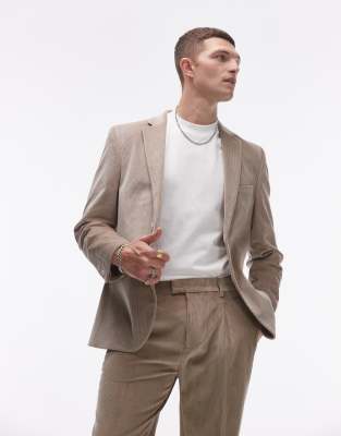 Topman slim cord suit jacket in stone-Neutral