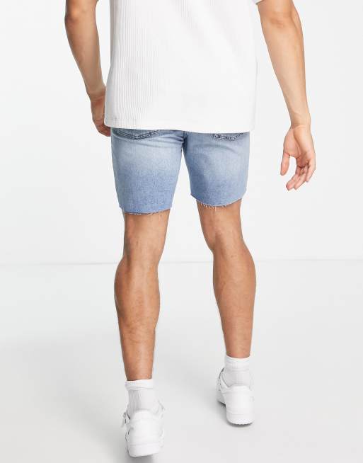 Topman slim denim short in mid wash