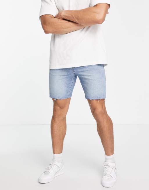 Topman slim denim short in mid wash