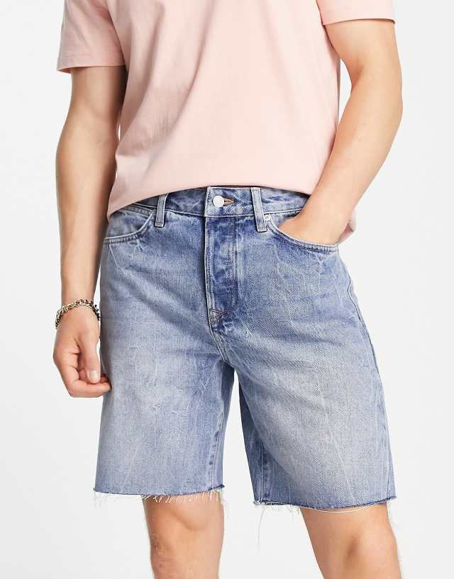 Topman slim denim short in mid wash