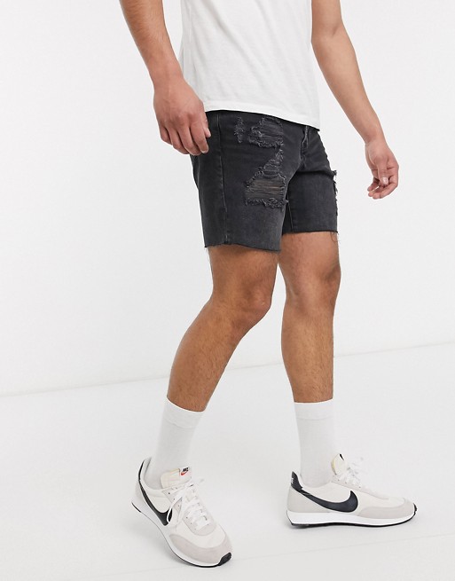 Topman slim denim shorts with rips in washed black