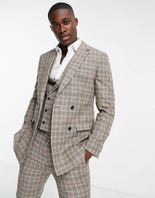 Topman slim double breasted suit jacket in brown check