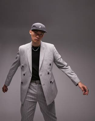slim double breasted six button striped suit jacket in gray