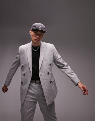 Topman slim double breasted six button striped suit jacket in grey