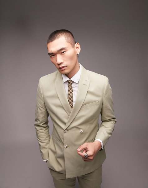 Topman slim double breasted suit jacket in light khaki - view 1