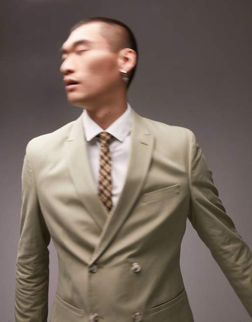 Topman slim double breasted suit jacket in light khaki