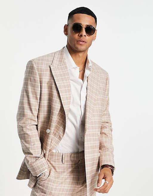 Topman slim double breasted suit jacket in stone and pink check