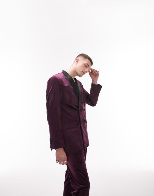 Topman slim double breasted velvet suit jacket in purple