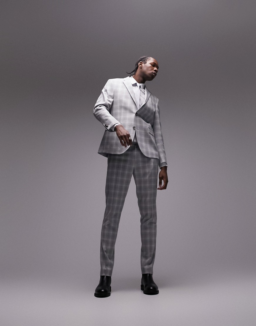 Topman slim fabric interest checked suit jacket in grey