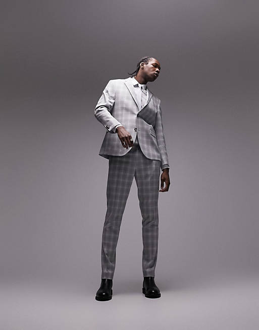 Topman slim fabric interest checked suit jacket in grey | ASOS