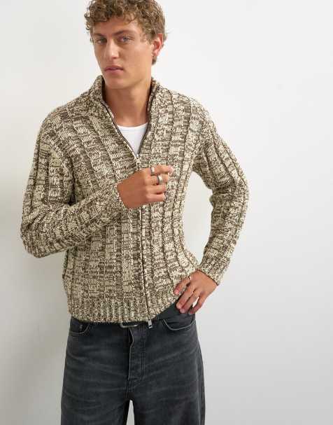 Topman slim fit funnel neck twist jumper with double zip in brown - view 1