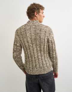Model wearing Slim fit funnel neck twist jumper with double zip in brown