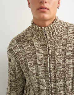 Model wearing Slim fit funnel neck twist jumper with double zip in brown