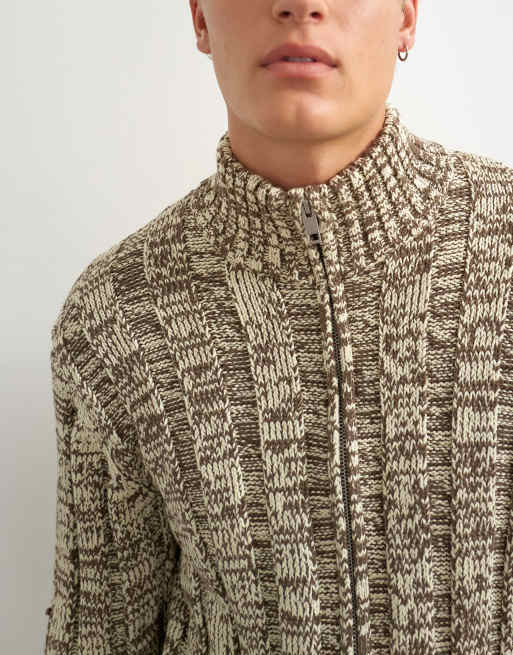 Topman slim fit funnel neck twist jumper with double zip in brown, 5 of 5