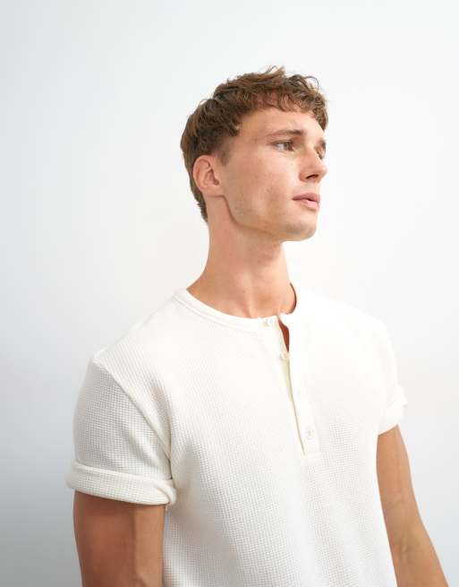 Topman slim fit kortærmet waffle-henley i ecru, 4 af 5