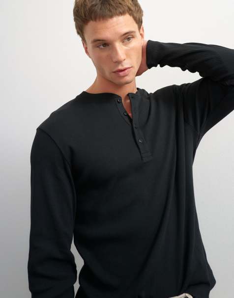 Topman Slim-Fit Langarm-Ripp-Henley-T-Shirt in Schwarz - view 1