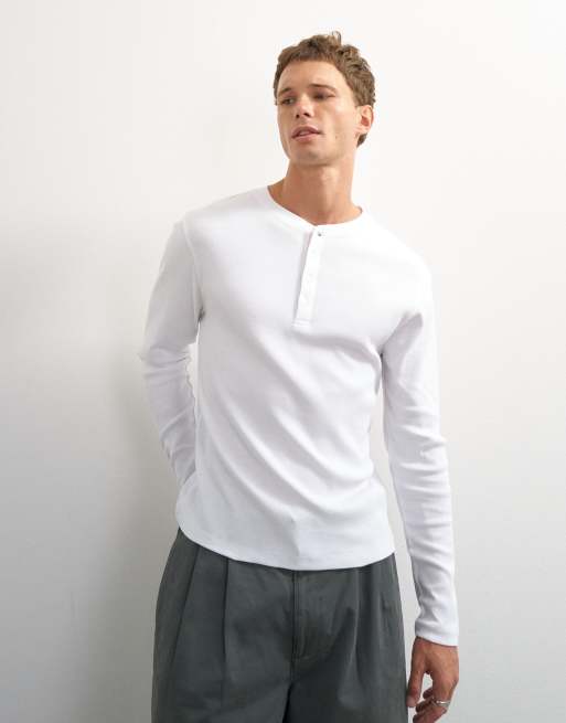 Topman Slim-Fit Langarm-Ripp-Henley-T-Shirt in Weiß, 2 von 5