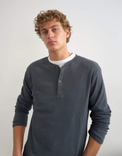Topman slim fit långärmad ribbad henley-t-shirt i kolgrått - view 1