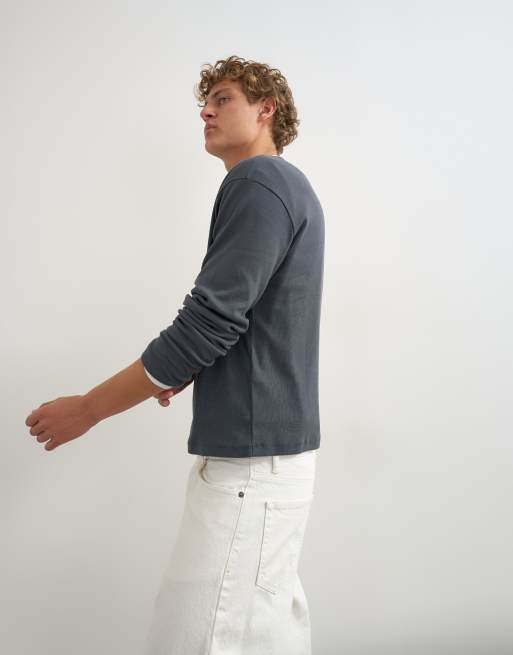 Topman slim fit långärmad ribbad henley-t-shirt i kolgrått, 4 av 5