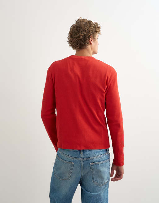Topman slim fit långärmad ribbad henley-t-shirt i rött, 5 av 5