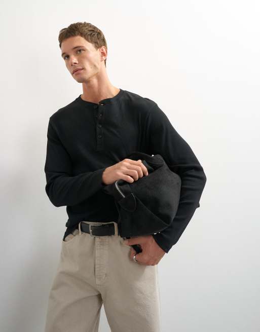 Topman slim fit långärmad ribbad henley-t-shirt i svart, 2 av 7