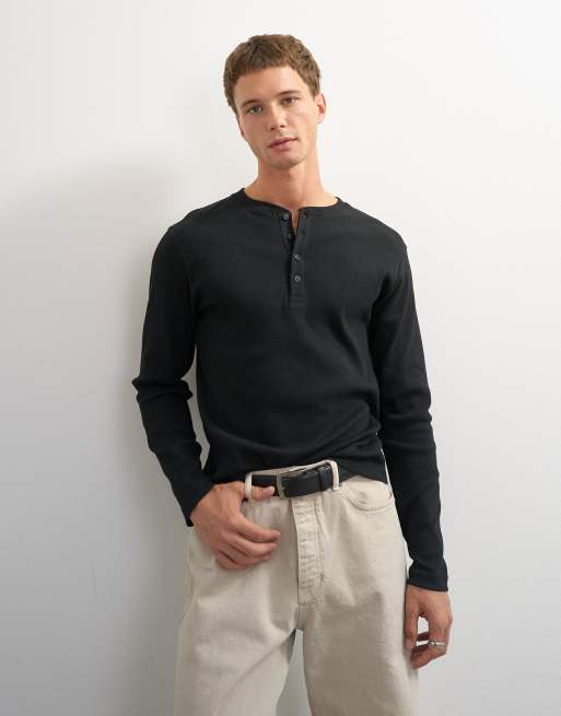 Topman slim fit långärmad ribbad henley-t-shirt i svart, 4 av 7