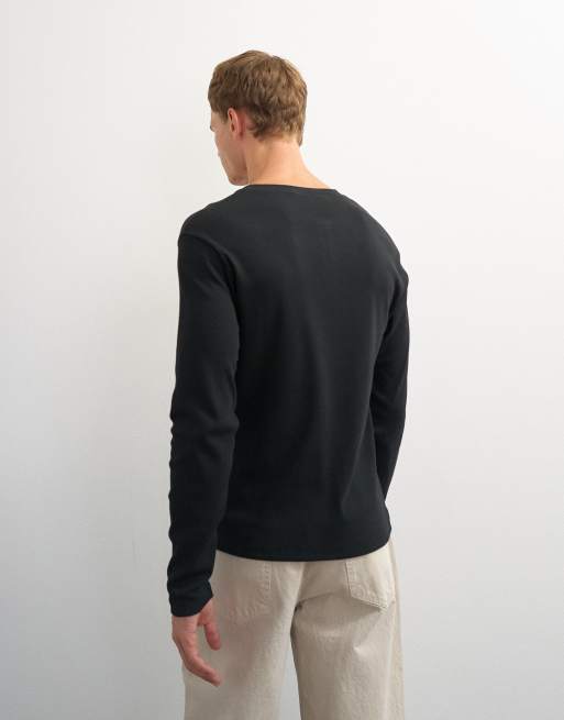 Topman slim fit långärmad ribbad henley-t-shirt i svart, 5 av 7