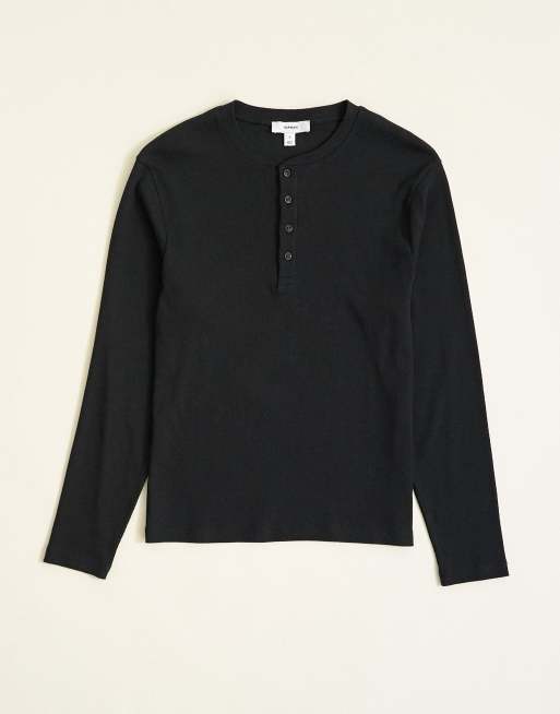 Topman slim fit långärmad ribbad henley-t-shirt i svart, 6 av 7