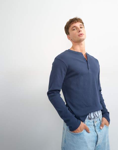 Topman slim fit langærmet rib henley T-shirt i navy - view 1