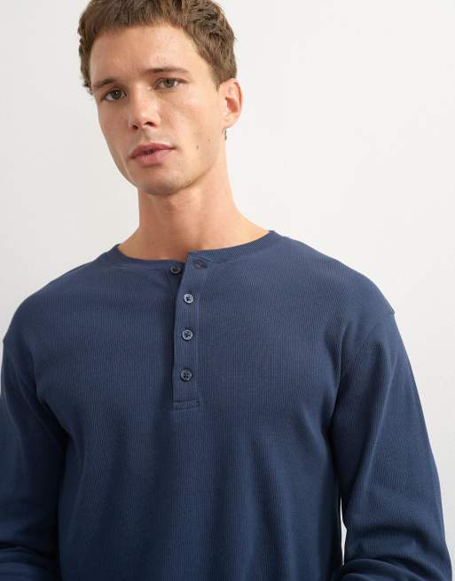 Topman slim fit langærmet rib henley T-shirt i navy, 2 af 7