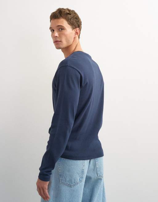 Topman slim fit langærmet rib henley T-shirt i navy, 4 af 7