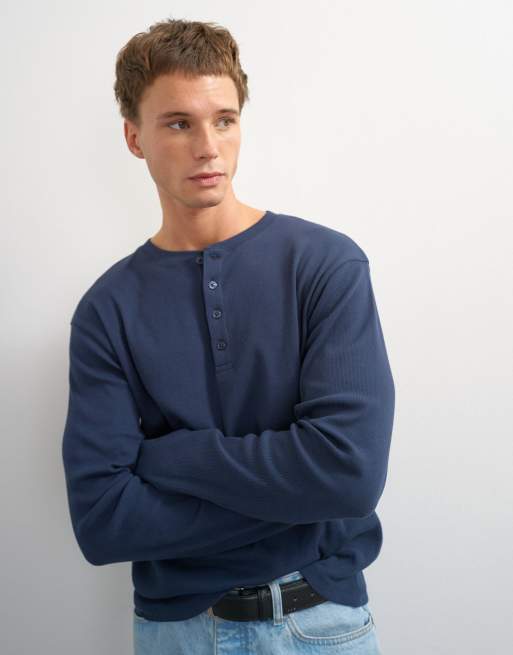Topman slim fit langærmet rib henley T-shirt i navy, 5 af 7