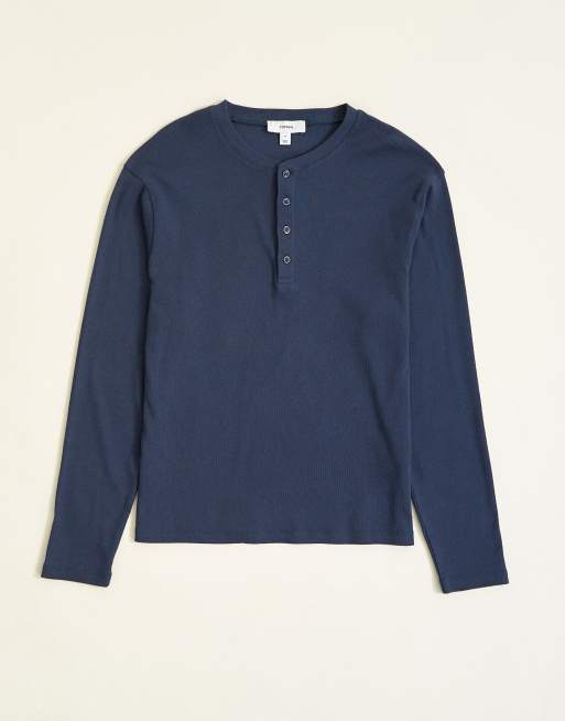 Topman slim fit langærmet rib henley T-shirt i navy, 6 af 7