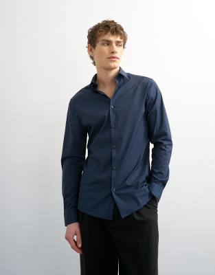Slim fit long sleeve formal stretch shirt in navy