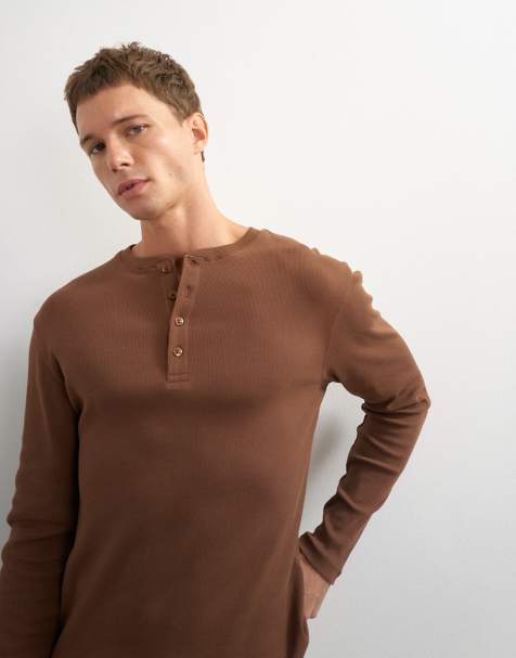 Topman slim fit long sleeve rib henley t-shirt in brown - view 1