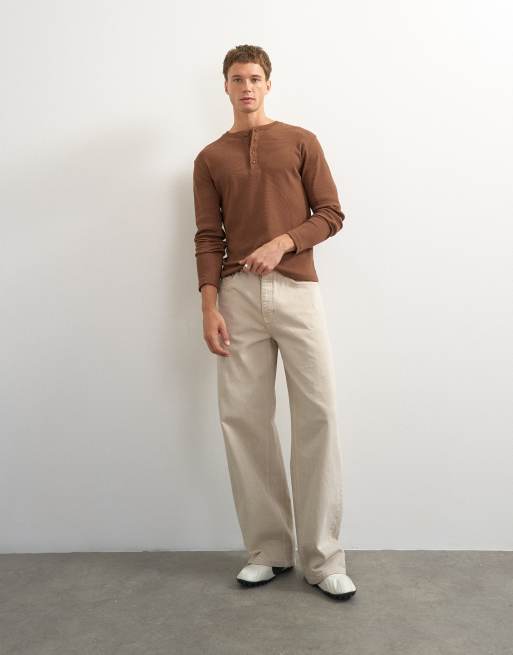 Topman slim fit long sleeve rib henley t-shirt in brown, 3 of 7