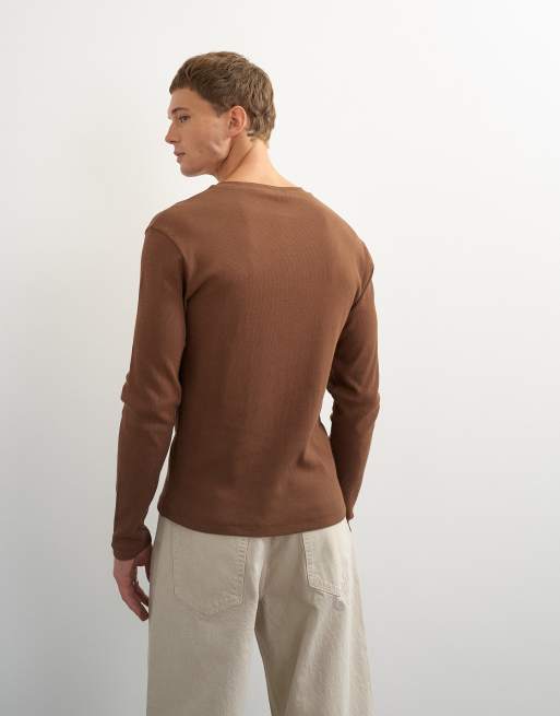 Topman slim fit long sleeve rib henley t-shirt in brown, 4 of 7