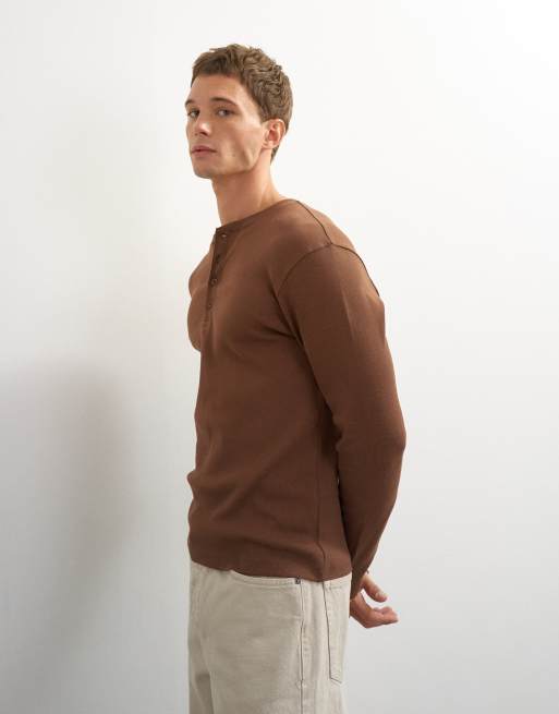 Topman slim fit long sleeve rib henley t-shirt in brown, 5 of 7