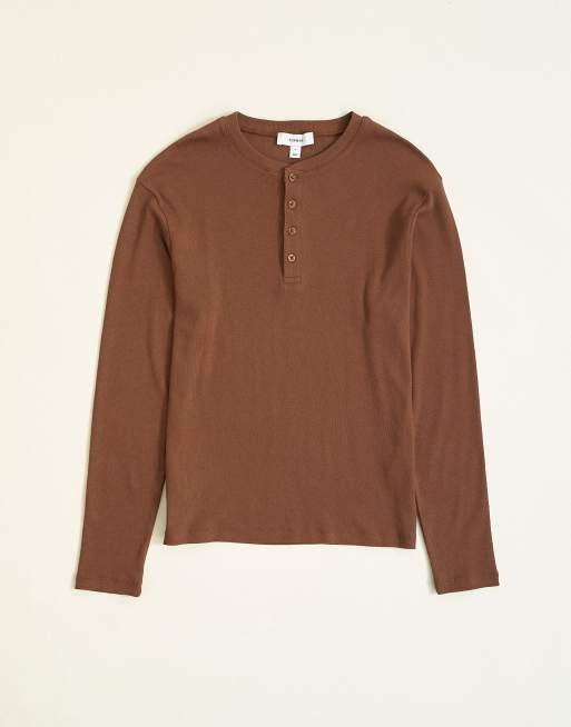 Topman slim fit long sleeve rib henley t-shirt in brown, 6 of 7